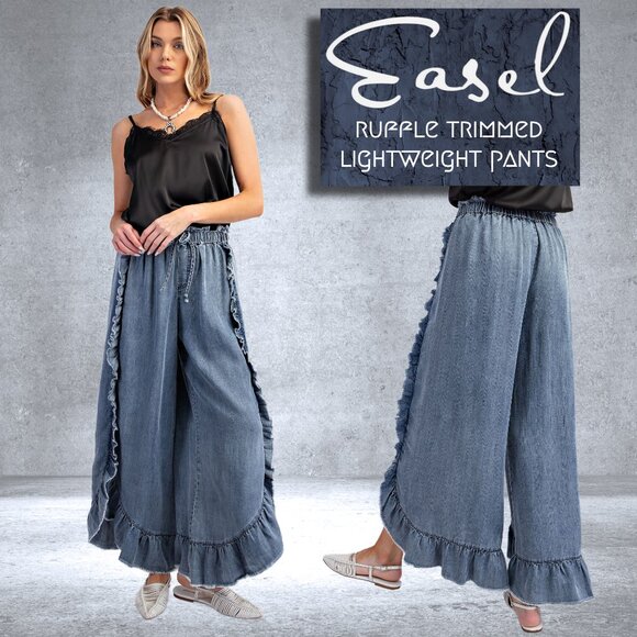 EASEL RESTOCKED! Raw Ruffle Trim Pants Elastic & Drawstring Waist & Scooped Hem - Picture 1 of 15